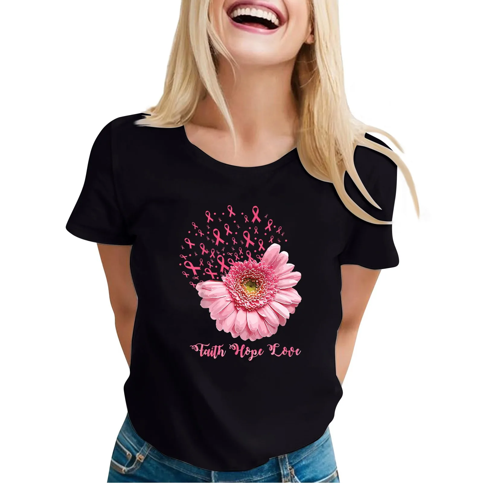 Frauen neue Tops Mode lässig Kurzarm Brustkrebs Day Print Rundhals-Pullover Tops täglich grundlegende regelmäßige bequeme Tops