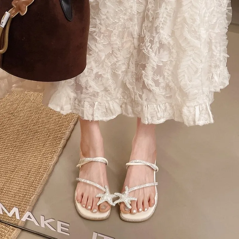 

Women's Summer Butterfly Knot Water Diamond Thick Heel Fairy Style French Toe High Heels Sandals Two-Way Wear Slip-On Slippers