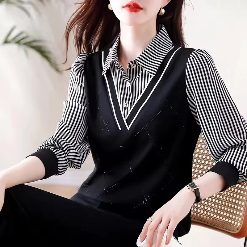 ใหม่หญิง High-end ปลอม 2 ชิ้นแฟชั่นลายเสื้อฤดูใบไม้ผลิฤดูใบไม้ร่วงผู้หญิงเสื้อแขนยาวเสื้อสุภาพสตรีเสื้อ