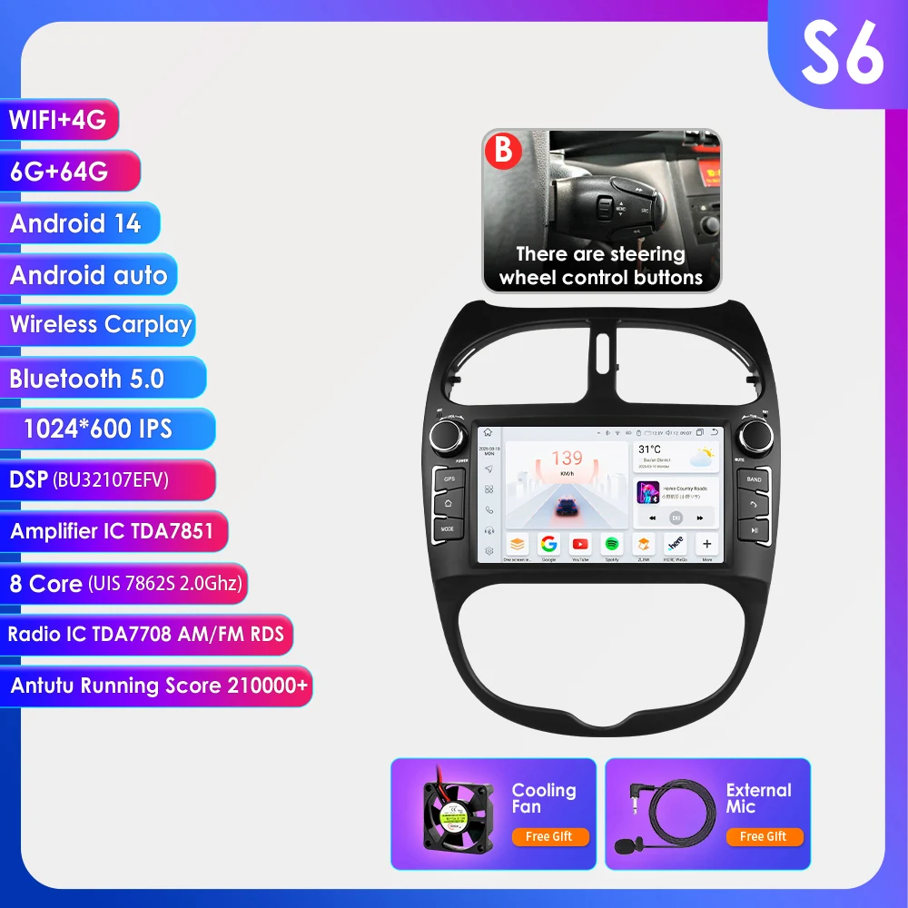 Hizpo 7862 2din Android 14 autoradio voor PEUGEOT 206 206CC 206SW 2000-2008 multimediaspeler GPS autoradio Carplay Navi
