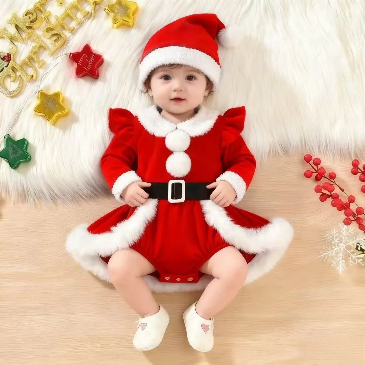 

0-1 Year Old Baby Dress One-Pieces Christmas Children's Wear Red Long Sleeve Splicing Bodysuits New Year Cute Girls' Dresses