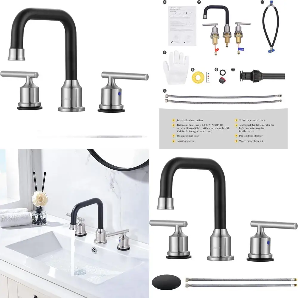 

8 Inch 3-Hole Widespread Sink Faucet with Drain, 3-Piece Vanity Set, Brushed Nickel and Matte Black Tall Basin 2-Handle