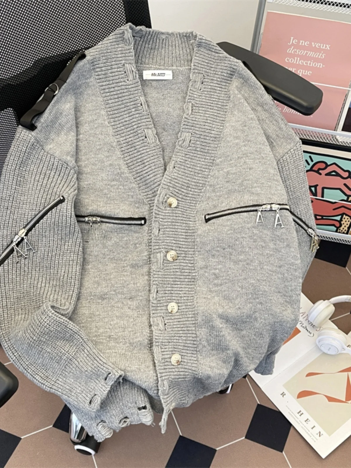 

Мужской вязаный кардиган на молнии с V-образным вырезом, свободного кроя, в американском стиле, с длинными рукавами, осенне-зимний, из плотной ткани, с деконструированным дизайном молнии