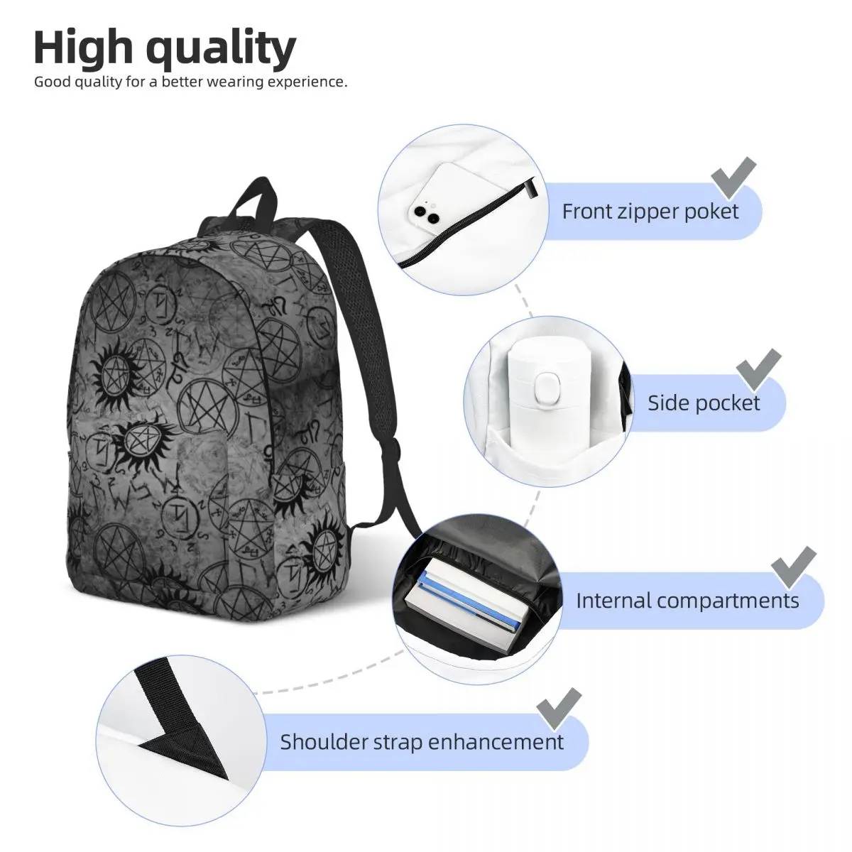 Supernatural Grey Fashion Backpack Lightweight Student Business Daypack for Men Women College Canvas Bags