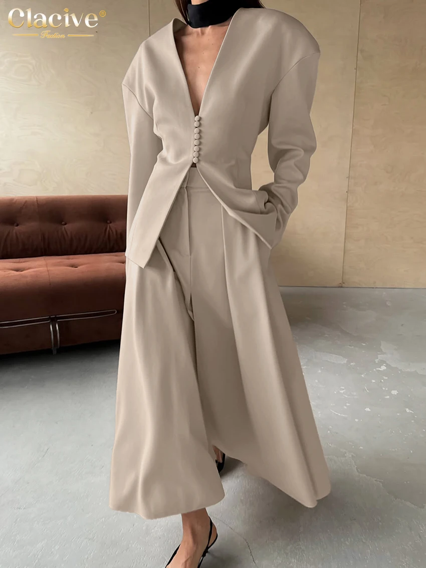 Elegant Women's Two-Piece Khaki Office Set with Long Sleeve Shirt and High Waist Skirt