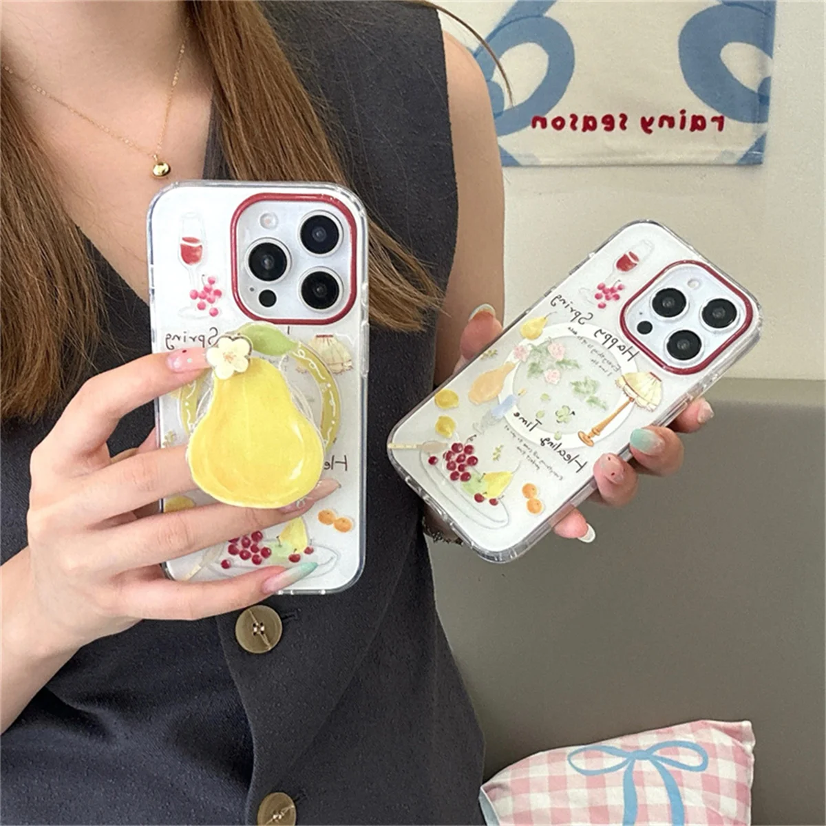

Cute Fruit Painting Magnetic Phone Case For iPhone 16 Pro 15 13 14 Pro Max Cover with Stand Holder Korean Lovely Cases for Magsa