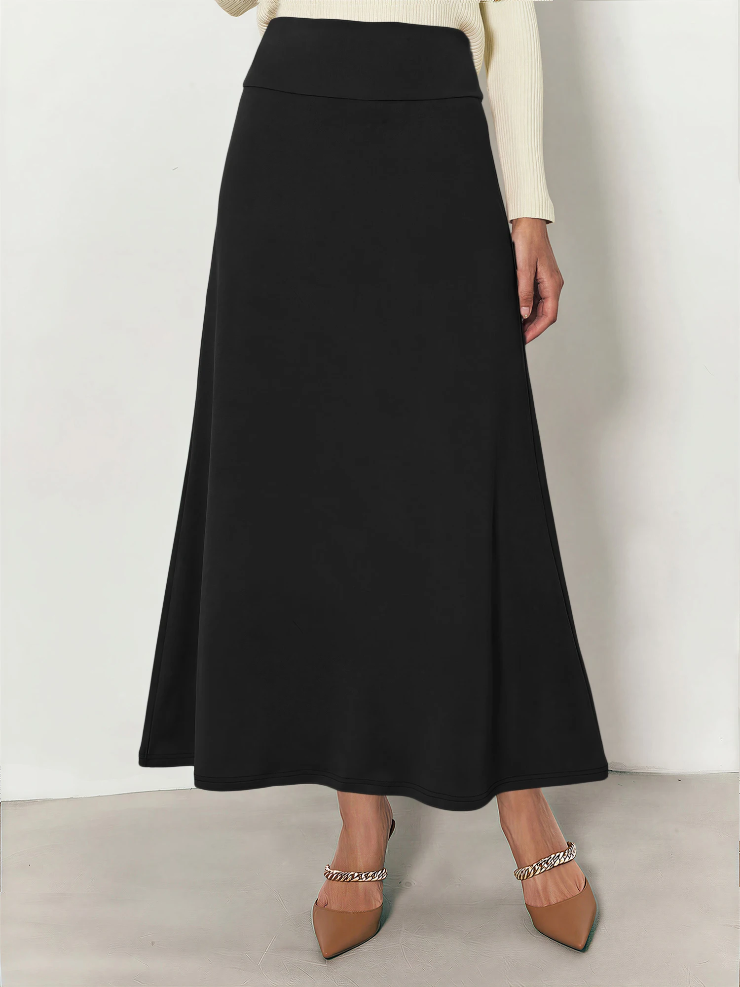 Women High Waist Elastic Maxi Skirt Solid Color A‑Line Flowy Long Skirt Casual Office Daily Wear Soft Knit Swing Bottoms