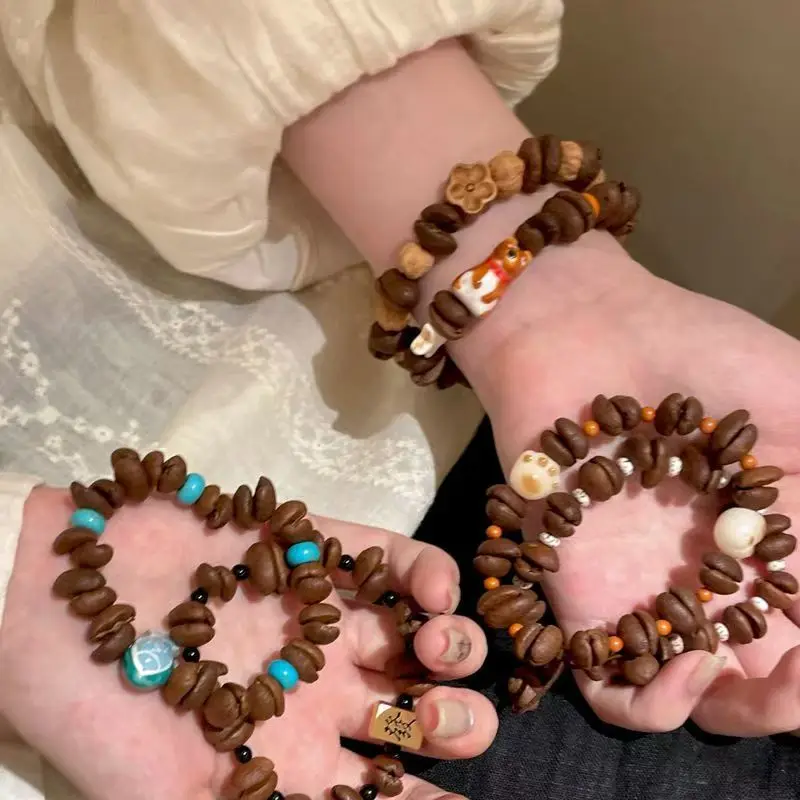 Retro Coffee Bean Ceramic Bead Bracelet Colorful Adjustable Drawstring Wrist Jewelry Bohemian Jewelry for Women Daily Party