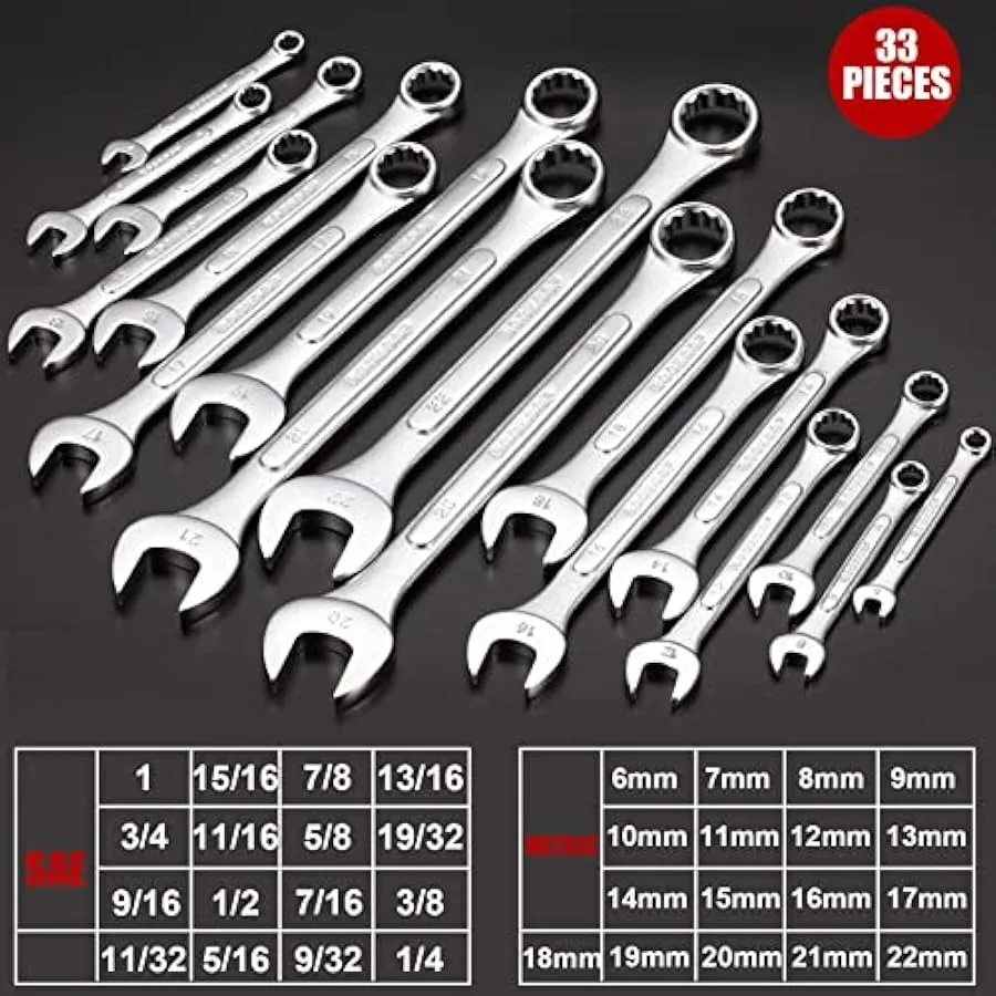 Combination Wrench Set33-Piece Chrome Vanadium Steel Wrench Set 12-Point SAE and Metric Wrenches 1 4