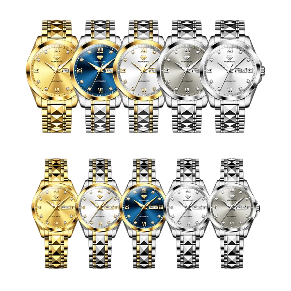 WEIBAOLONG 3803 ساعات الماس الحقيقية للأزواج مقاوم للماء مضيئة التلقائي الميكانيكية زوجين ساعة اليد الفاخرة #5