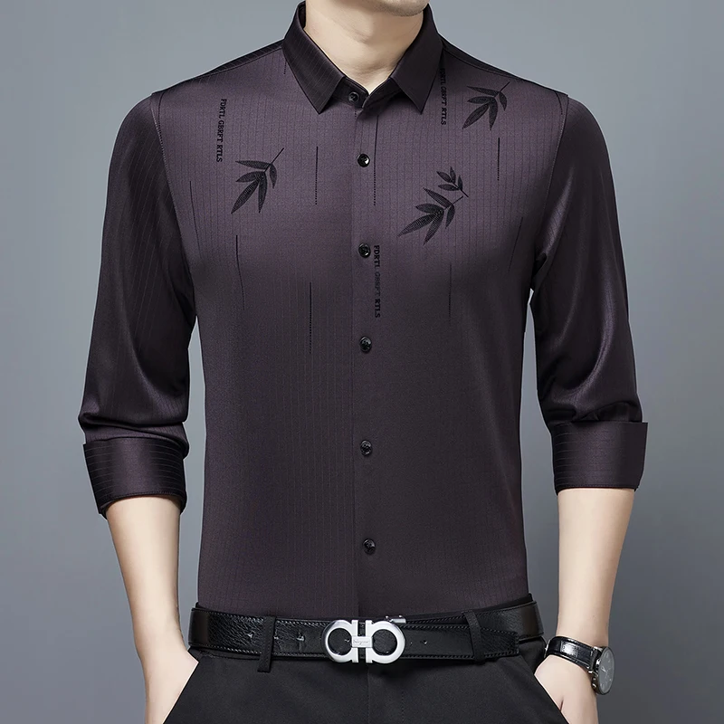 Leaves Print Regular Fit Casual Luxury Long Sleeve Shirts For Men Spring New Quality Smooth Comfortable Fashion Camisa Masculina