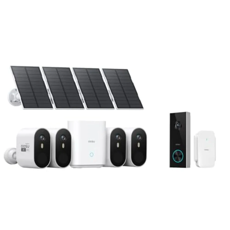 SolarCam Pro System 4-Kit + 2K Doorbell Camera for outdoor security, aluminum alloy body, matte black finish, battery-free sola
