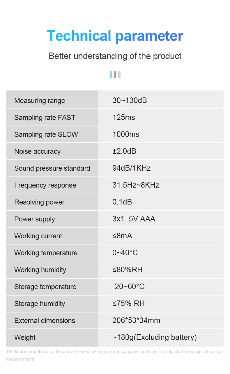 SL750B Digitales Schallpegelmessgerät 30–130 dB A/C gewichtetes professionelles Sonometer Lärmtester Lärm Dezibel-Messgerät – Detail 14