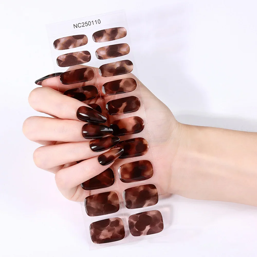 Leopard Print Brown Amber Semi Cured Gel Nail Strips 20Pcs Fall Gel Nail Wraps UV LED Cured Gel Nail Stickers Home Manicure