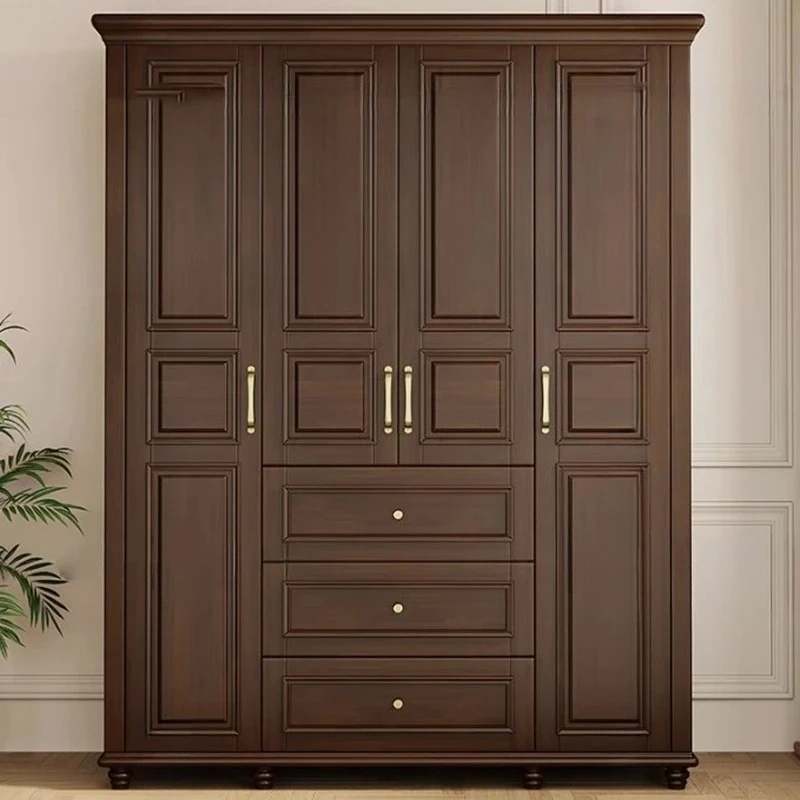 

American Retro Wardrobe Wood Large Black Walnut Wardrobe 4 Doors Cabinet Vestidores De Armario Abiertos Ropero Furniture