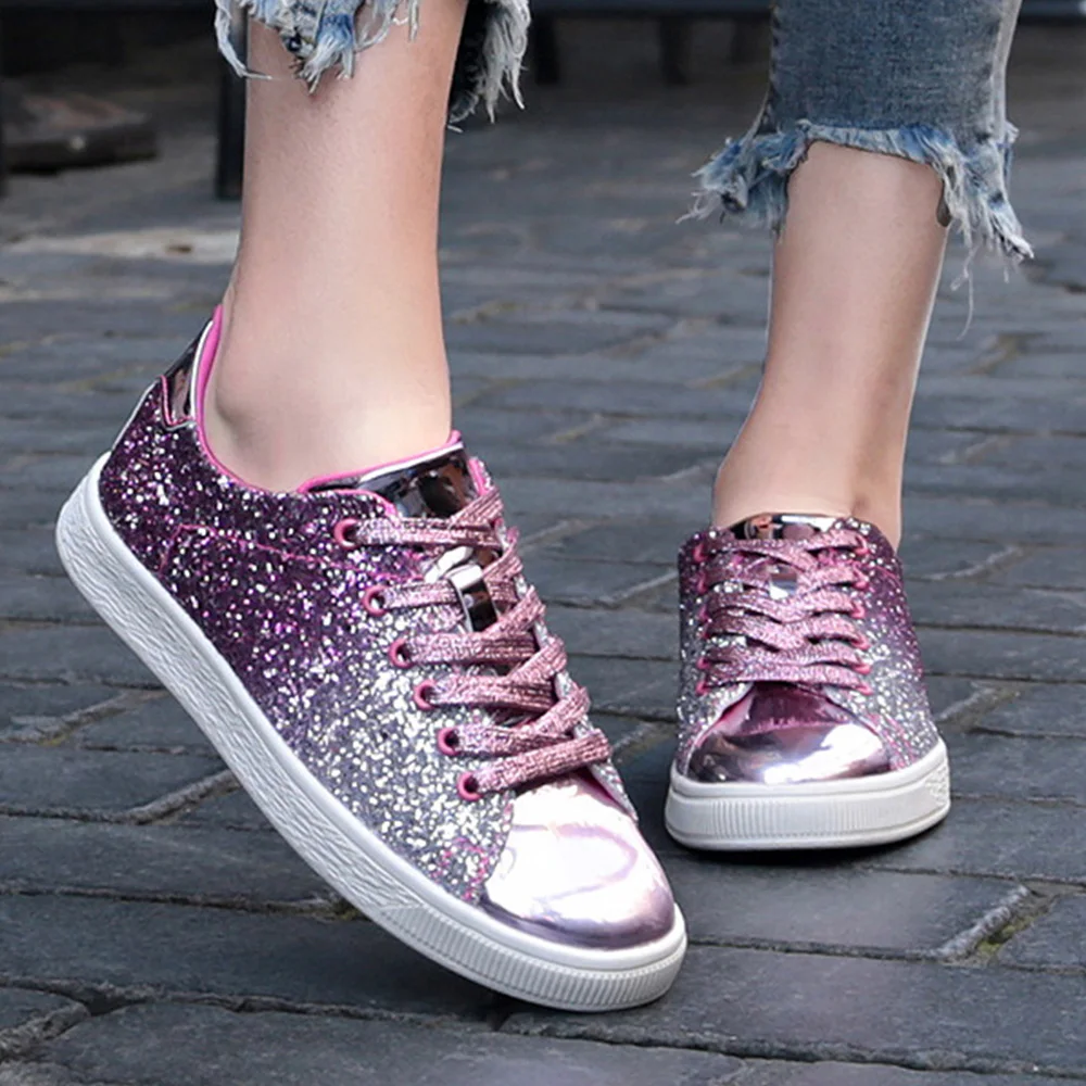 Sequin Skate Shoes Women 2024 Spring New Shiny Lace Up Sport Sneakers 35-41 Large-Sized Outdoor Running Walking Casual Shoes