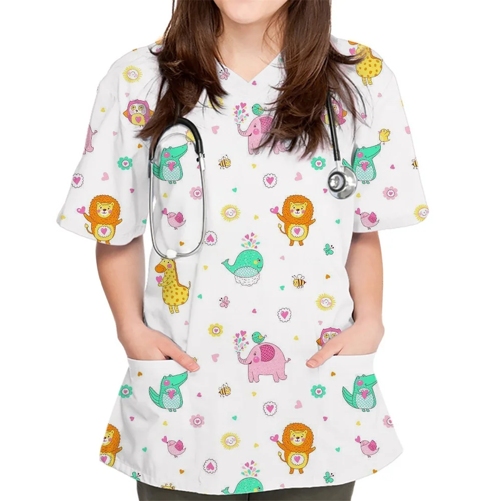 Женские футболки, рабочая форма с v-образным вырезом для женщин, милые топы с 3D принтом динозавра, милая униформа медсестры с животными, блузка, карманная рабочая одежда