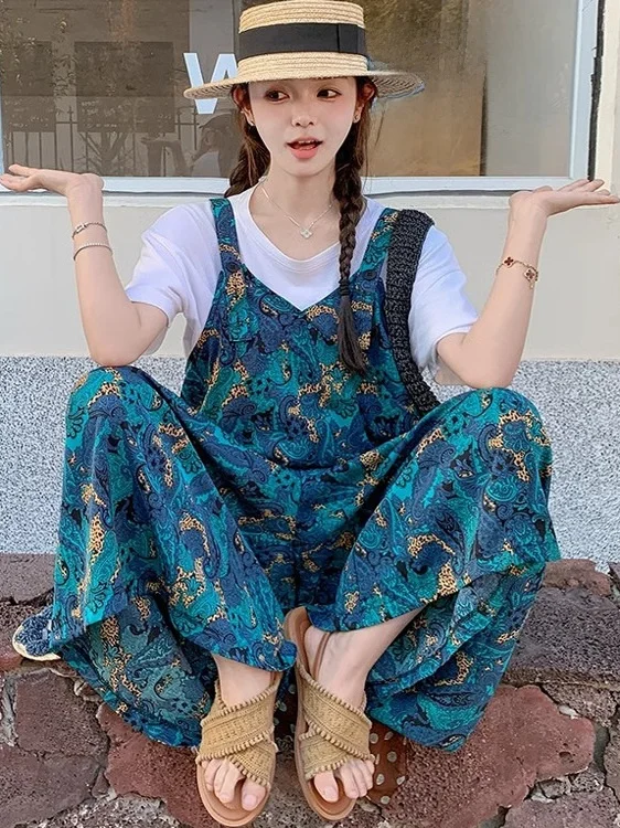 Dopamine Floral Print Wide Leg Pants Women's Summer New Style Ageless Strap Pants Korean Loose Trousers Skirt High Waist Button