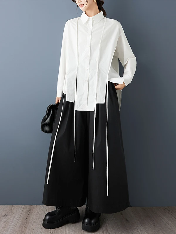 

Женская повседневная рубашка в темном стиле с ленточным декором, свободного кроя, из хлопка, с длинным рукавом, осенняя коллекция, дизайн для утонченной аудитории