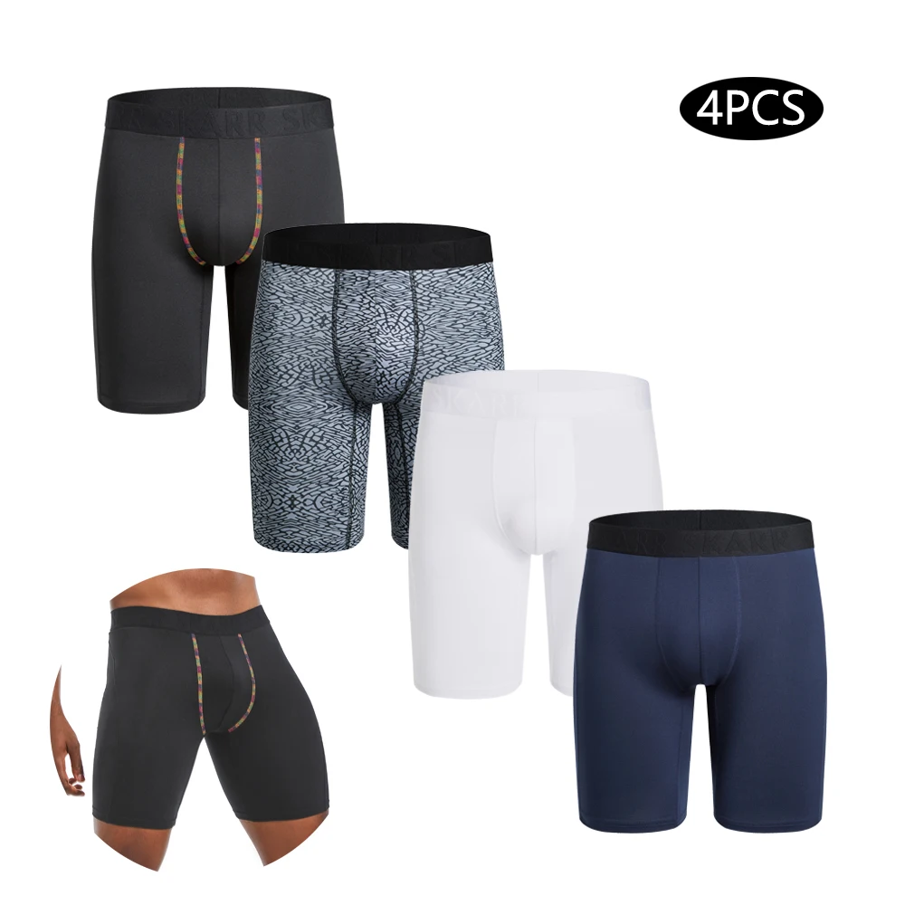 Boxers longos respiráveis dos homens, cuecas altamente elásticas, calcinha esportiva masculina, shorts sexy da família, novo, 4 peças