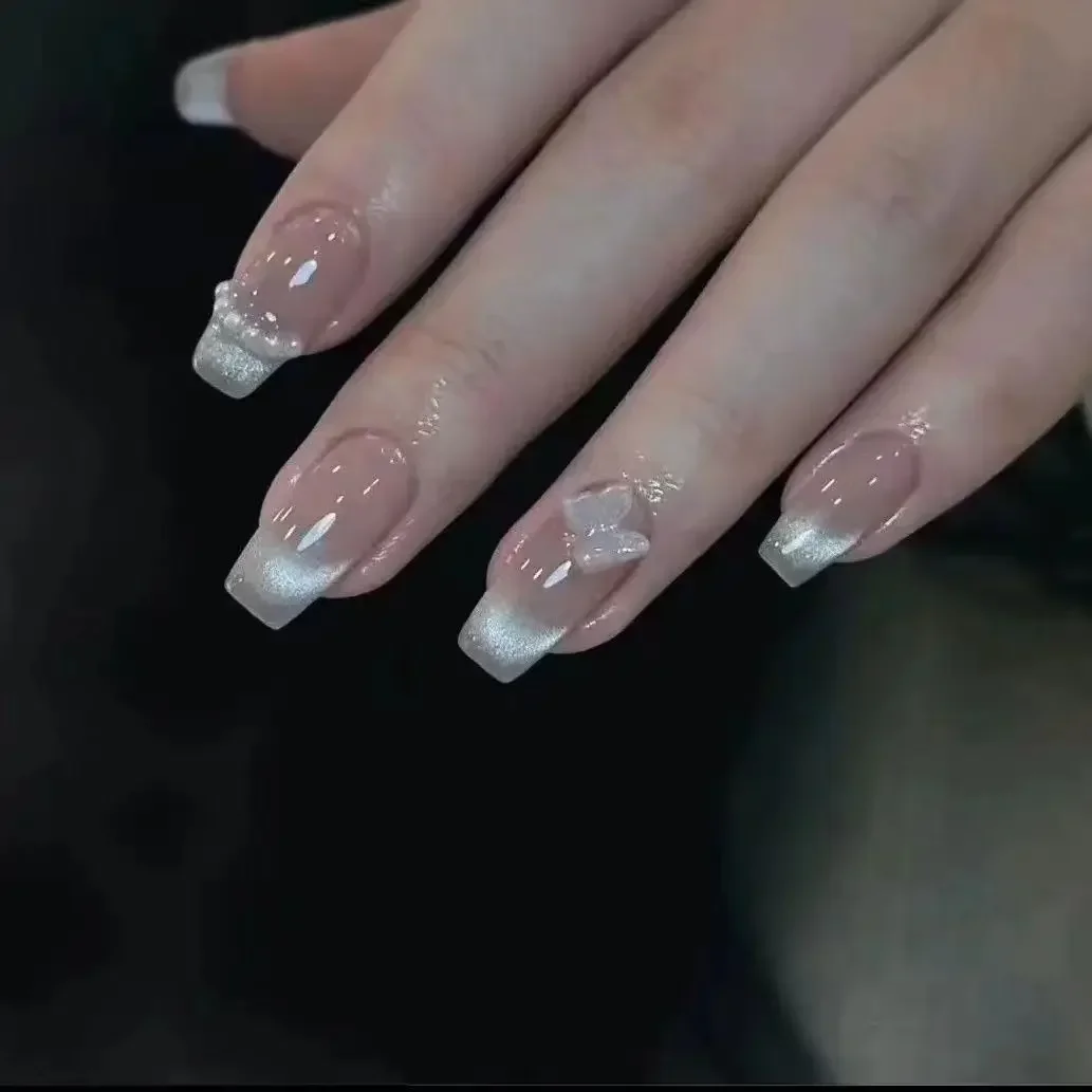 Press On Nails Handmake Skin Colored Cat Eye Butterfly Pearl Fake Nails Korean Style Sexy Removable and Reusable image 2