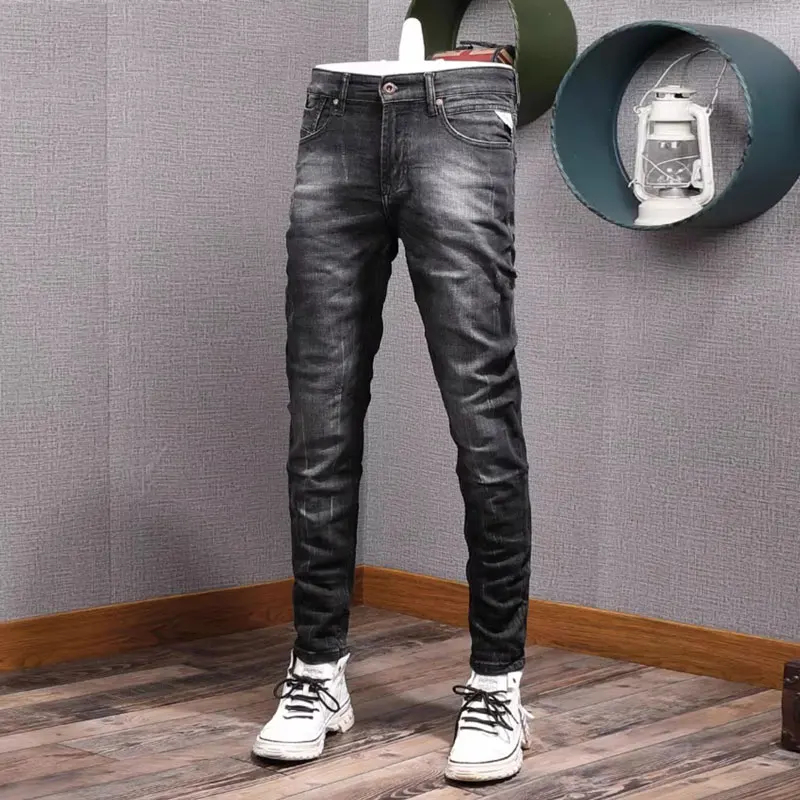 

Fashion Designer Men Jeans Retro Black Gray Stretch Slim Fit Ripped Jeans Men Vintage Velvet Denim Pants Winter Warm Trousers