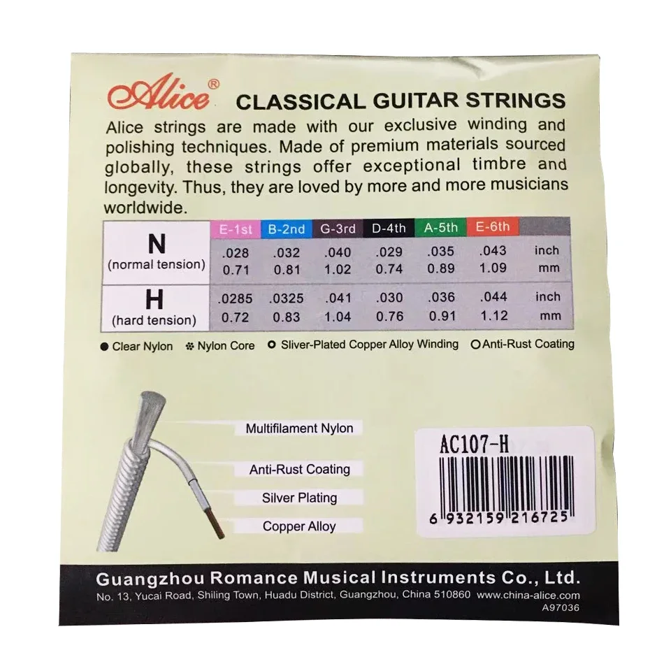 Alice A107-N/H 1st-6th Classical Guitar Strings Set Clear Nylon Core Silver Plated Copper Alloy Wound High/Normal Tension