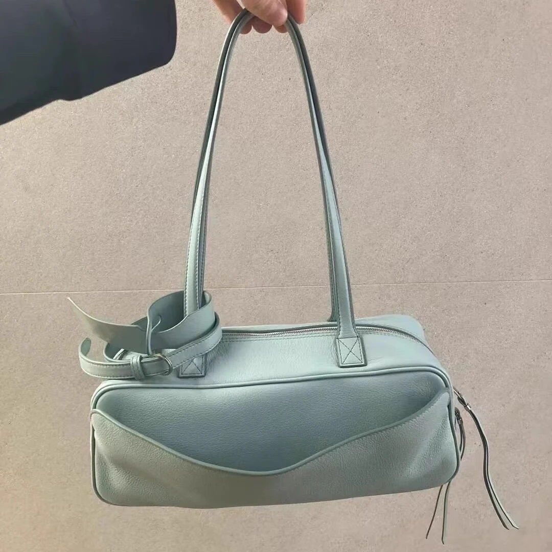 

Top layer cowhide underarm bag 2025 new niche design genuine leather vintage bowling bag fashionable ladies shoulder bag
