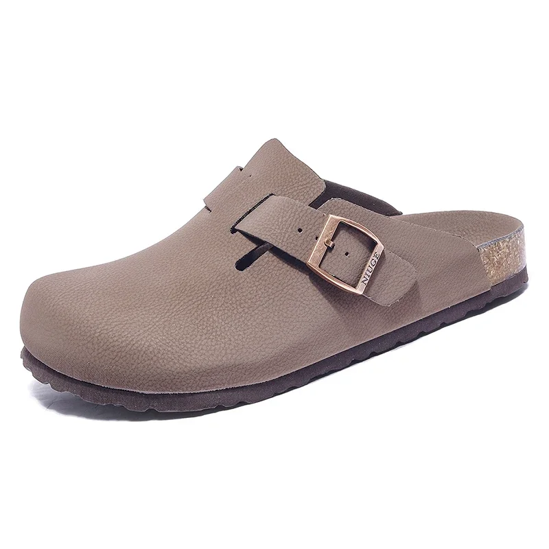 Men's Pu Leather Clogs Slip-on Cork Sandals Closed Toe Slippers Soft Health Footbed Slides Couple All-match Flats Beach Slippers