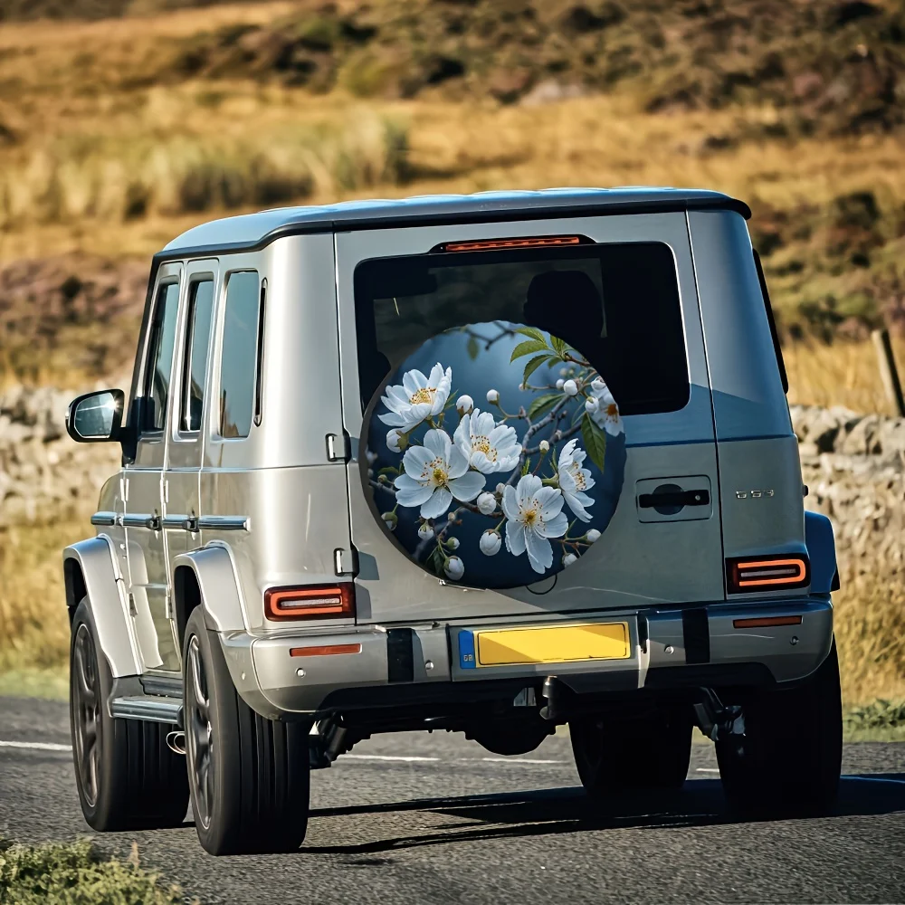 White Cherry Blossom Tire Cover Polyester Waterproof Outdoor SUV Spare Wheel Protector