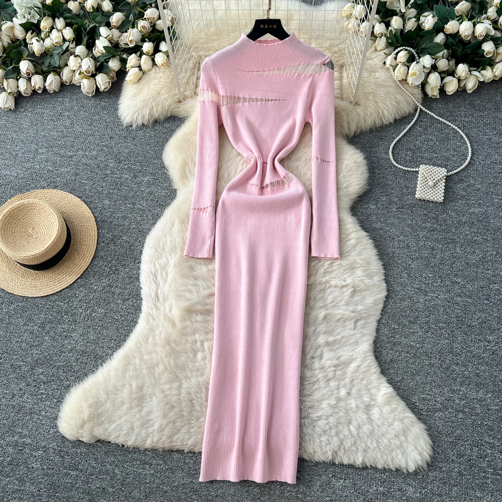 REALEFT automne hiver élégant irrégulier évider femmes robe tricotée à manches longues col roulé décontracté gaine robe portefeuille femme