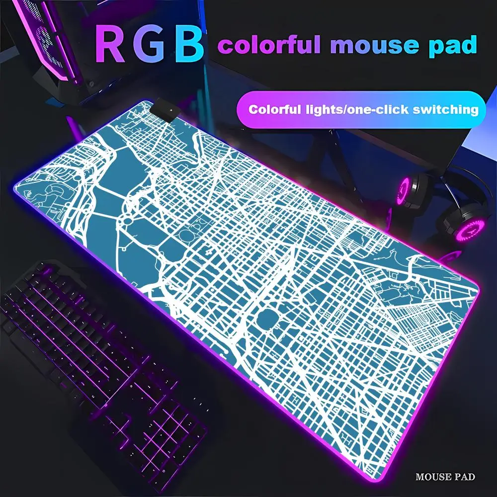 

HYBXAXC Black White City Map Mouse Pad Non-Slip Rubber Desk Mat for Gaming OfficeRGB Gaming Mouse Pad HD Gamer Large LED Light