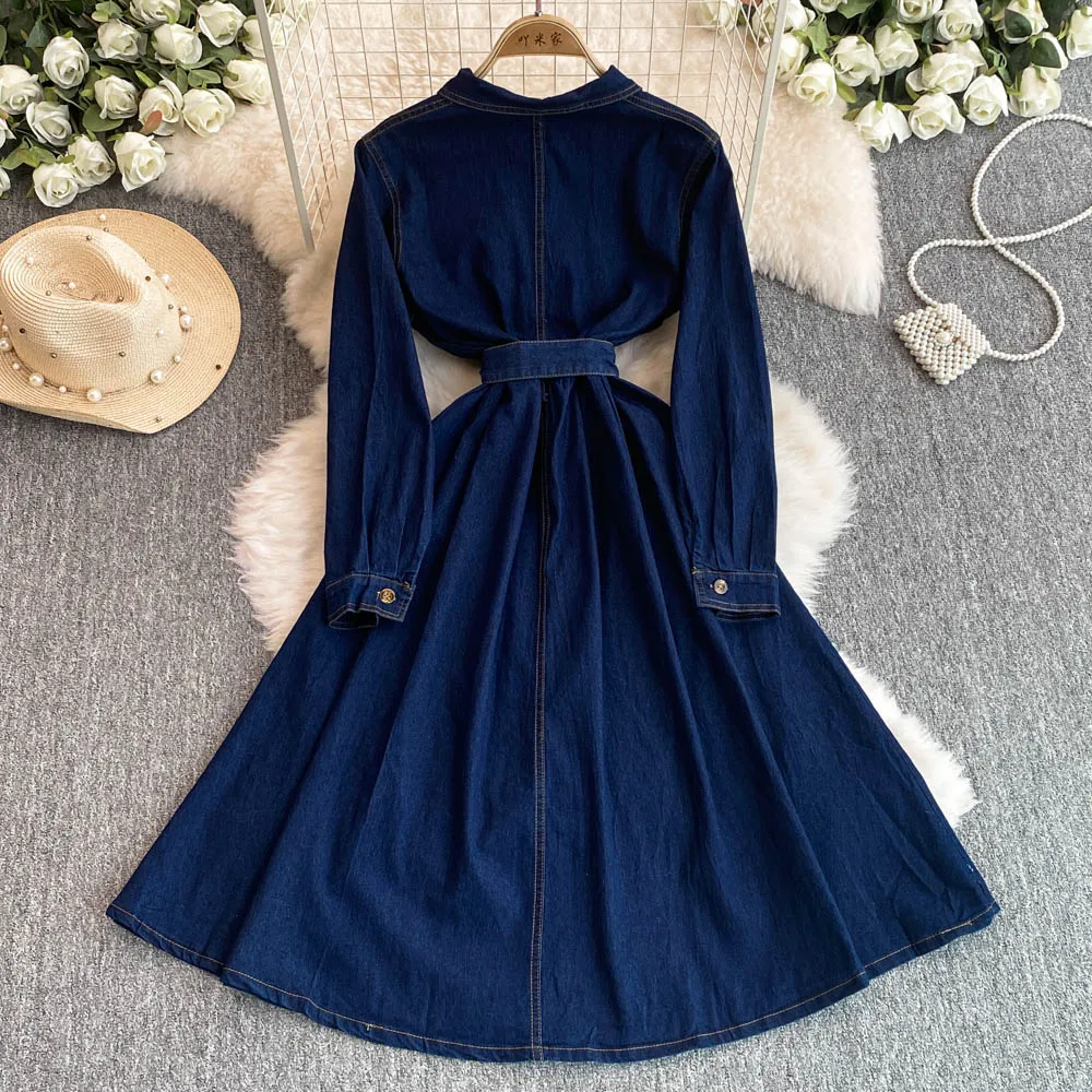 Women French Retro Long-sleeved Denim Dress Female Waist Slimming Temperament A-line Shirt Jeans Dress