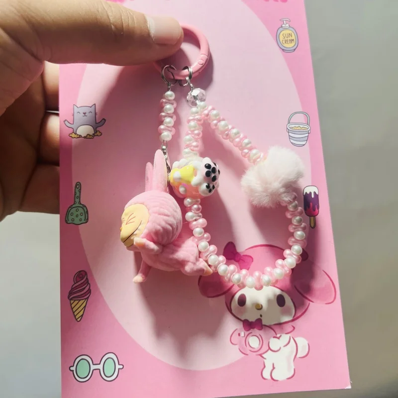 Kawaii Labubu Doll Vinyl Mobile Phone Chain Backpack Pendant Inspearl Beaded Bracelet Accessories Cute Decoration Keychain Toys