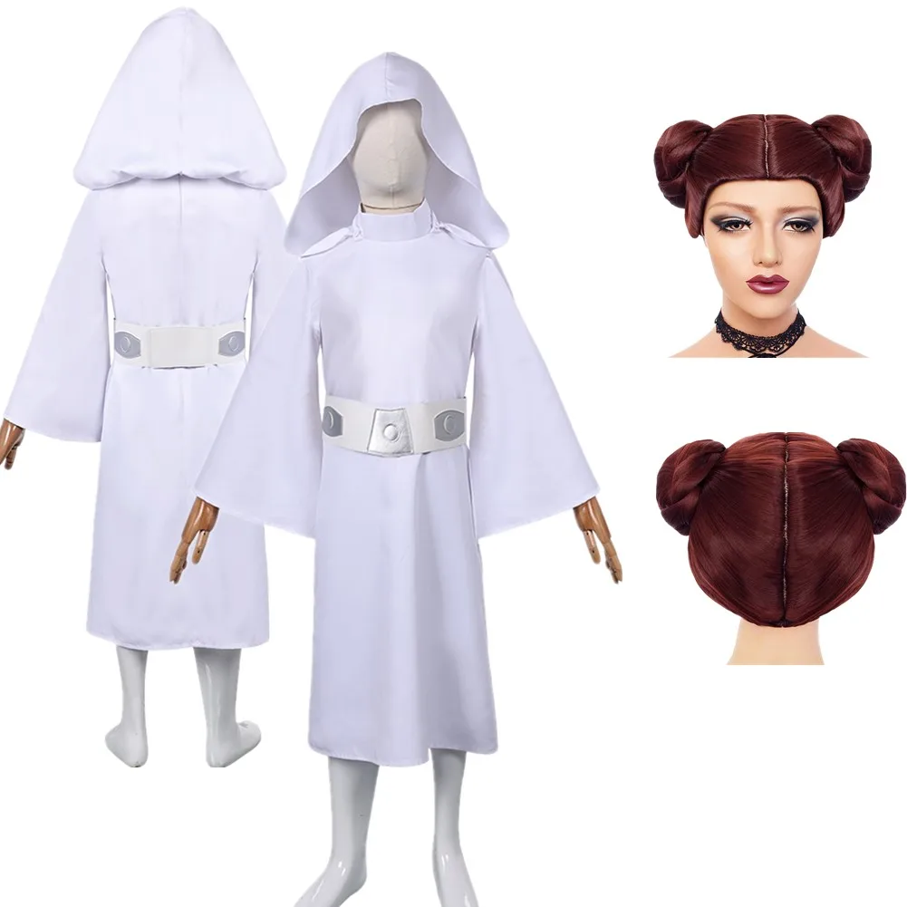 Halloween Leia Prinses Cosplay Kostuum Kids Jurk Pruik Meisjes Rok Kinderen Riem Outfits Carnaval Roleplay Pak Accessoires