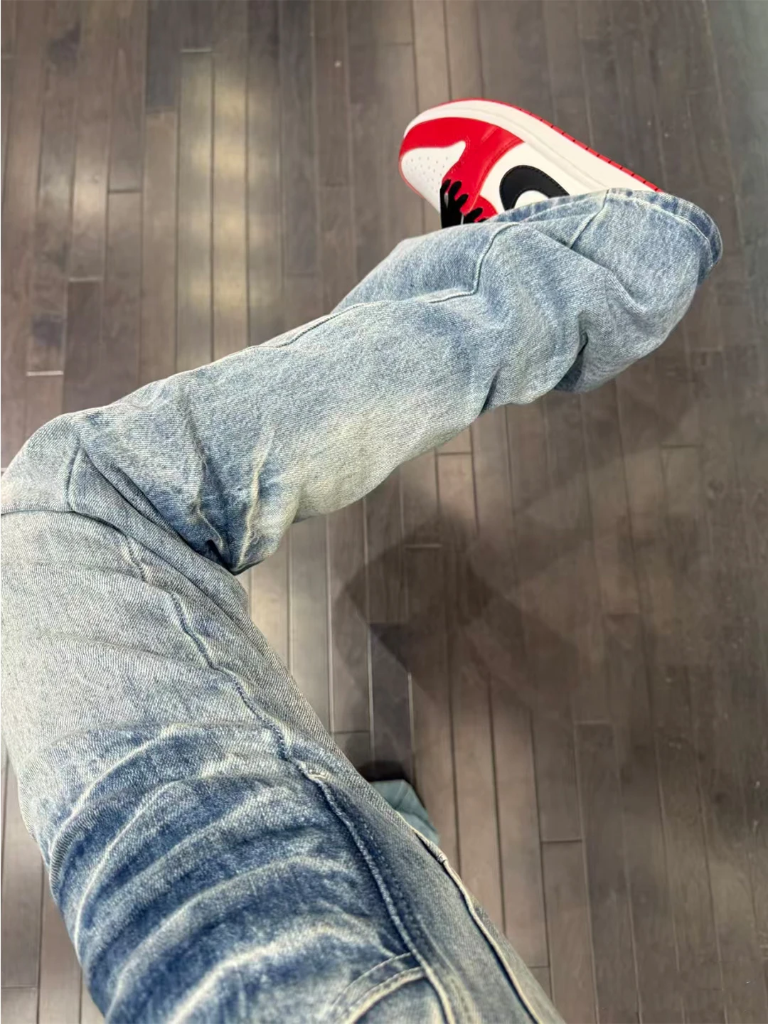 

American Lightning Pattern Thiened Fce Men's Jeans Winter Wearable Straight Leg Pants Cleanfit mid Waist Zipper Closure