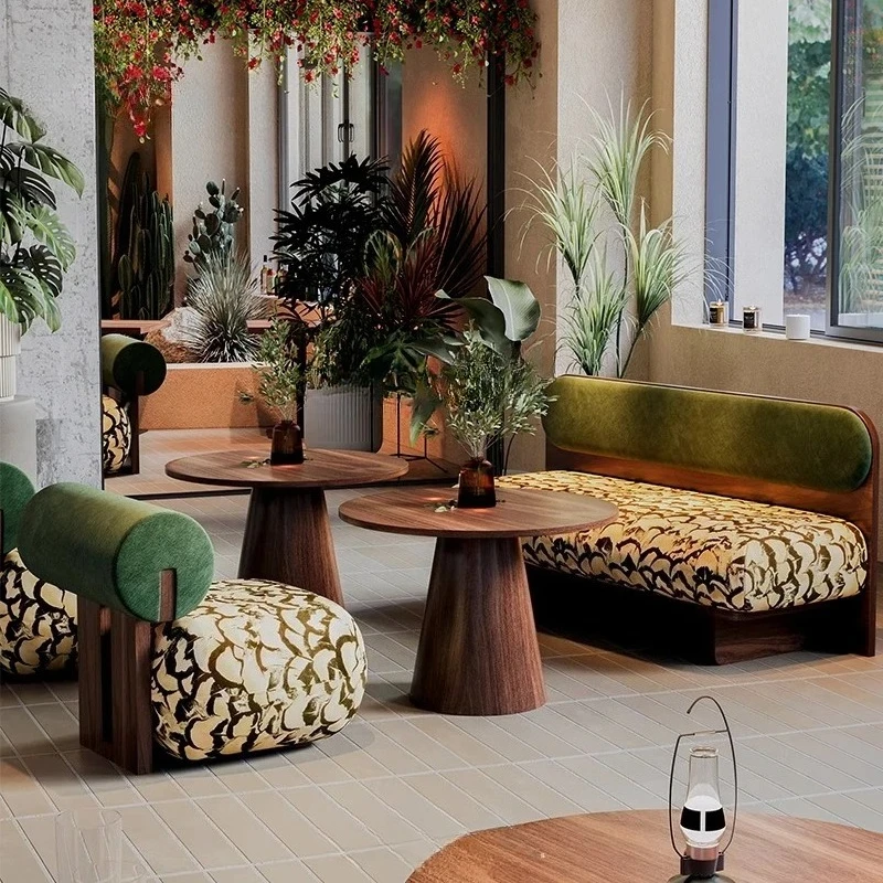 

Retro solid wood cafe table and chair combination music dining bar dessert shop negotiation lounge area rattan sofa chair