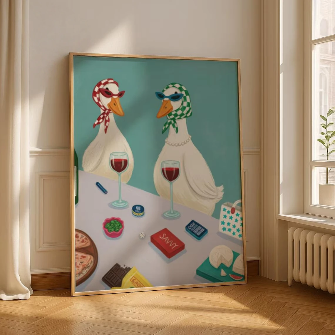 Funny Duck Wine Wall Art Quirky Canvas Printable Poster with Stylish Duck Cheese and Wine Scene Retro Wall Decor for Kitchen Bar