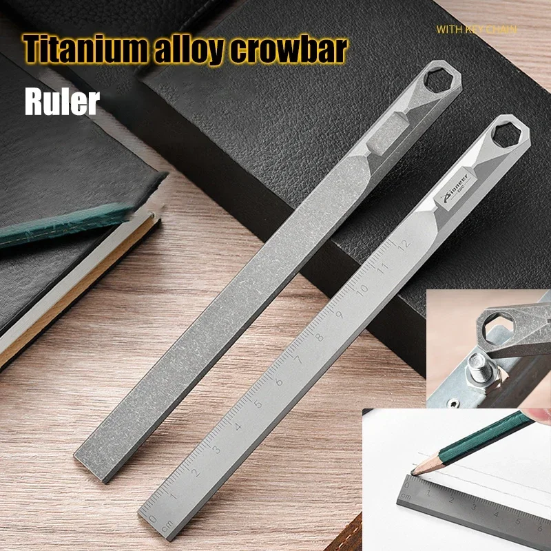 Regla recta de aleación de titanio de 18cm, llave hexagonal de 8mm, herramienta de palanca EDC para acampar al aire libre, regla dura de autodefensa, barra de palanca colgante de cintura