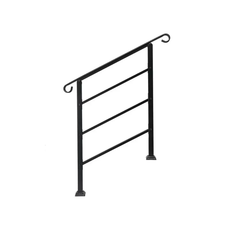 

Outdoor Step Handrails, Wrought Iron Handrail for 1 or 3 Steps, Transitional Style, Includes Installation Kit, Black Metal