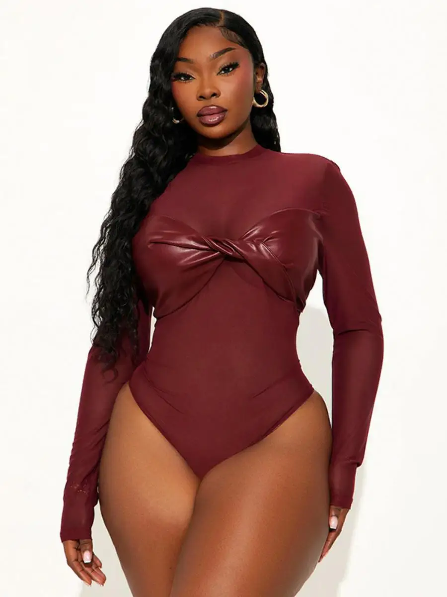 Sexy reine Farbe PU-Leder lang Sve J25BS353 Damen Herbst Outfit T-Shirt Ratels Anzug mit hoher Taille Polyesterstoff