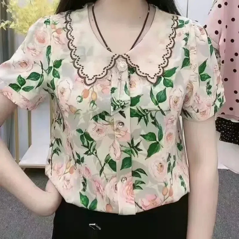 New Floral Short Sleeve Blouse Summer New Loose Printing All-match Patchwork Vintage Shirt Tops Fashion Casual Women Clothing