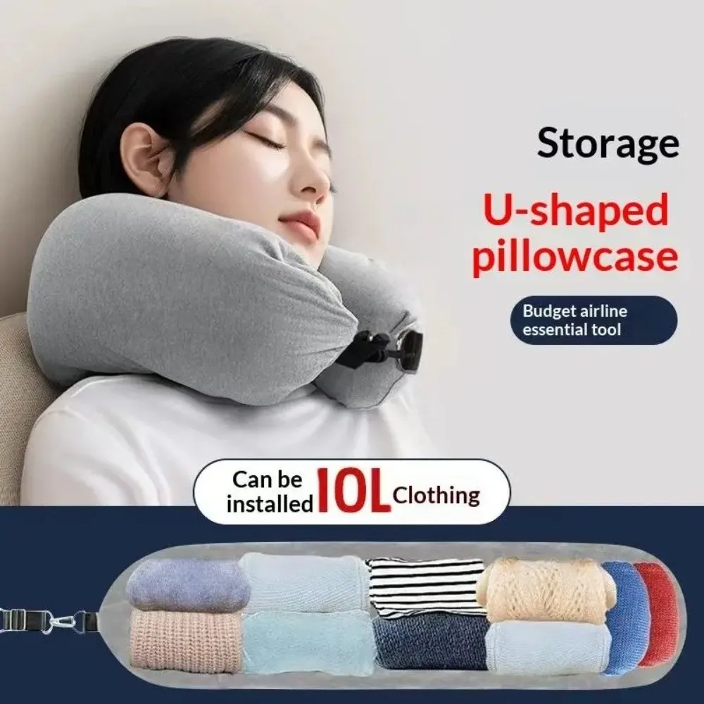 Portable Travel Neck Pillow Fillable Crystal Fleece U Shaped Pillowcase with Strap Solid Color Travel Bag Pillow Travel Use