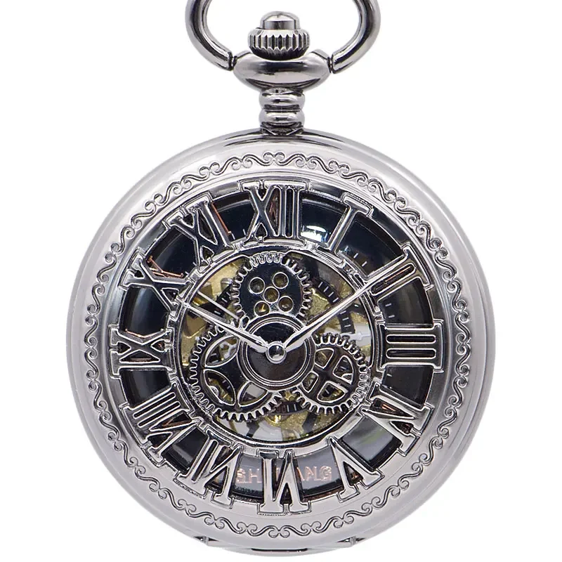 New Fashion Automatic Mechanical Pocket Watches Skeleton Gear Roman Numbers Case Best Gift for Men Women PJX1406