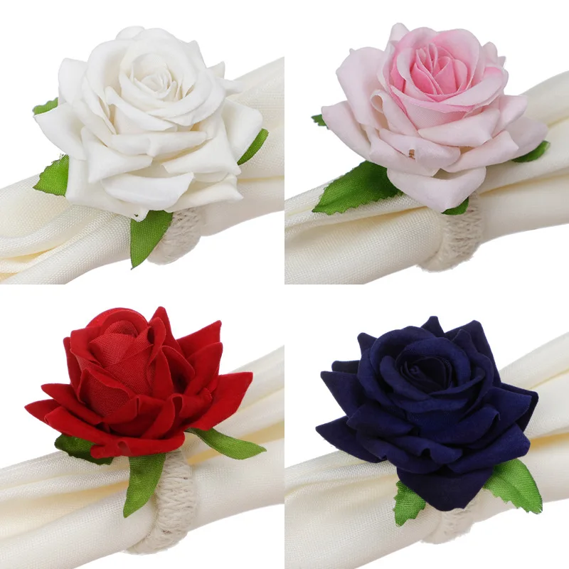 12pcs/lot Artificial Flower Napkin Rings Faux Rose Napkin Ring Serviette Buckles Holder Table Decoration Wedding Valentine\'s Day