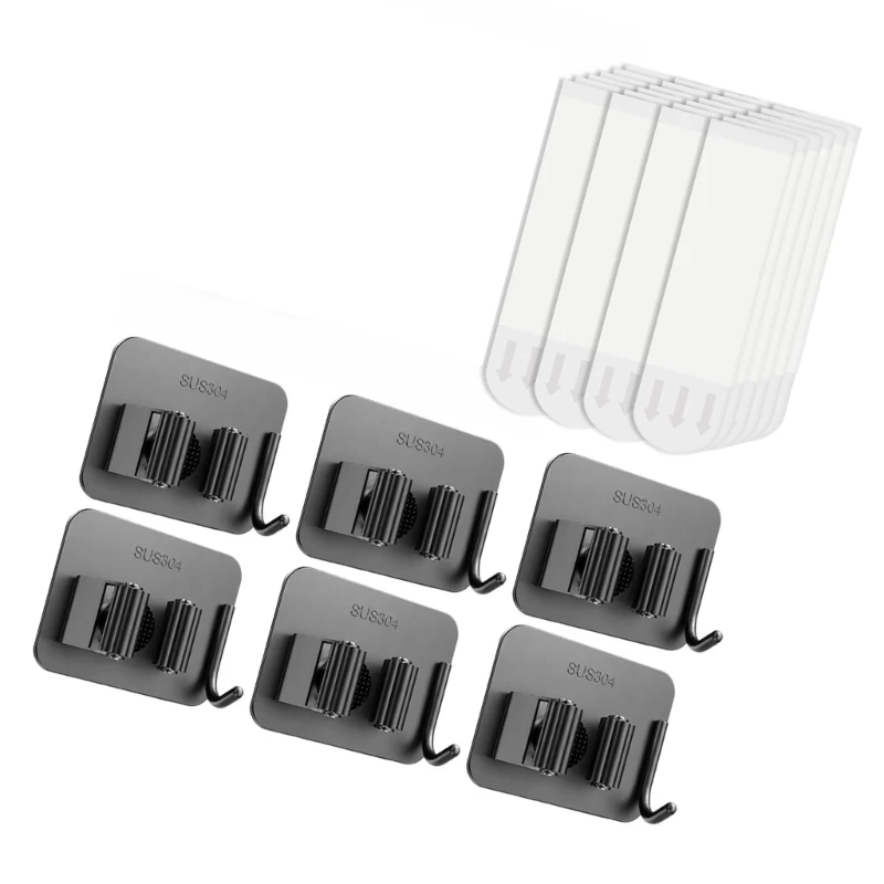 63HA Wall Rack for Mop Storage 6 Pack with Hook, Adhesive Grip Clamp Mount for Kitchen Bathroom Garage Garden and Utility Rooms