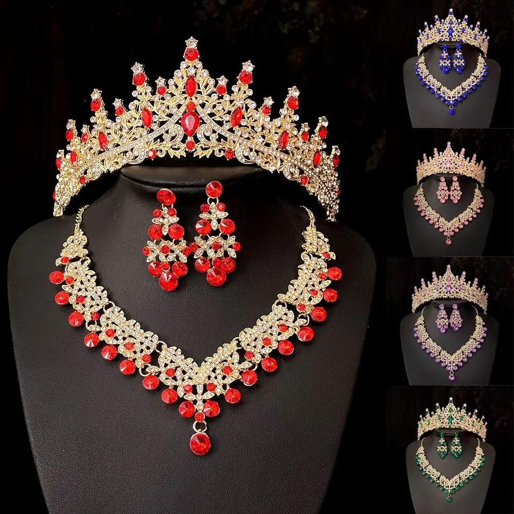

Trendy Champagne Baroque Wedding Crown Crystal Luxury Bridal Jewelry Set Head-dress For Bride