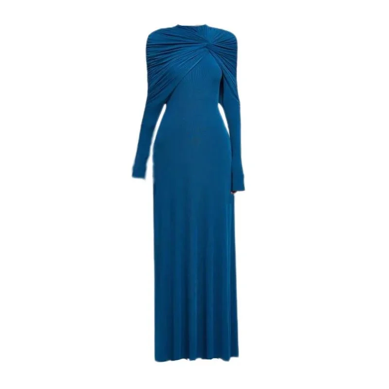 Fashion Solid Color Folds Dress Women's Long Sleeve Asymmetric Slim Dresses 2026 Summer New SHRT