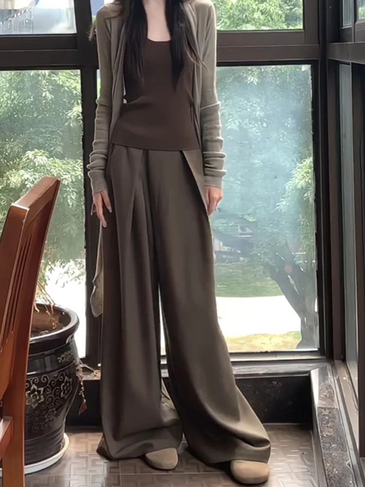 Extended 80cm Tall Women's Wide Leg Pants Pleated Loose Fit Floor Length Casual Straight Cut High Waist Skinnifng Effect