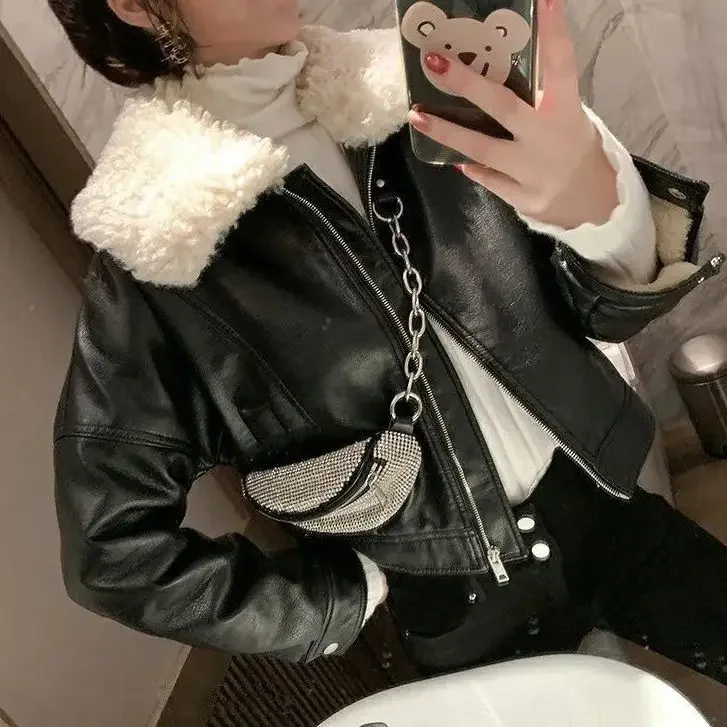 Women Winter Warm Faux Leather Jackets With Fur Collar Lady Black Motorcycle Biker Short Outerwear Coats Leather Jacket